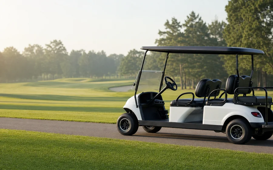 Golf cart parked beside a fairway at sunrise