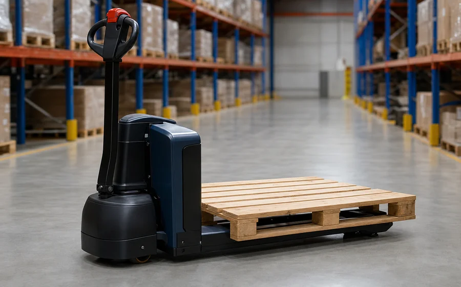 Electric walk-behind pallet jack lifting a wooden pallet in a warehouse aisle