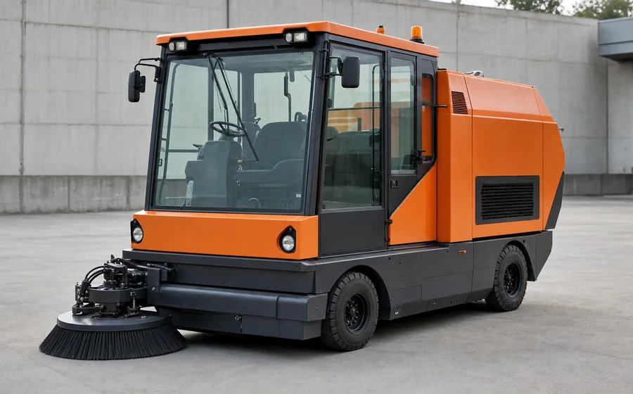 Orange ride-on industrial sweeper with a side brush, parked outdoors
